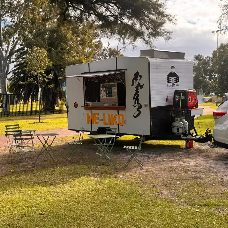 The ME-LIKO Mongolian food truck at Belmont Skate Park with outdoor seating